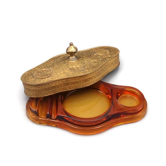 Apollo Studios/ Cambridge Glass Other - Antique Apollo and Cambridge Glass Vanity Tray Ormolu Lid Amber Glass Tray